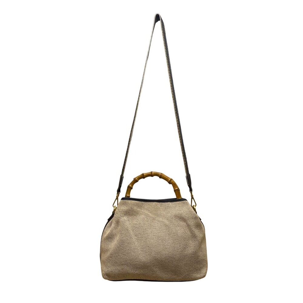 J.McLaughlin Women’s White & Blue Canvas Bamboo Handle Shoulder Bag